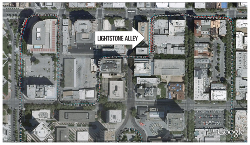 FIGURE 2. Performance of cell-phone GPS (white) versus truth-reference system (blue). Median accuracy 4.4 meters, 67 percent 5.6 meters, 95 percent 11.2 meters.