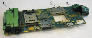 Figure 2. Antennas in a mobile phone: 1. GSM/WCDMA antenna, 2.Wi-Fi/Bluetooth combined ceramic chip antenna, 3. GPS antenna (Image: Tony Haddrell, Marino Phocas, and Nico Ricquier)