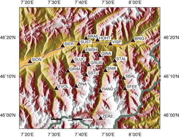 Figure 3. The 21 GPS stations in the project area in the mountainous canton of Valais (see also Figure 2) used during the measurement campaign in July 2005. The stations’ altitudes vary between 527 meters (SION) and 3119 meters (ZER2).