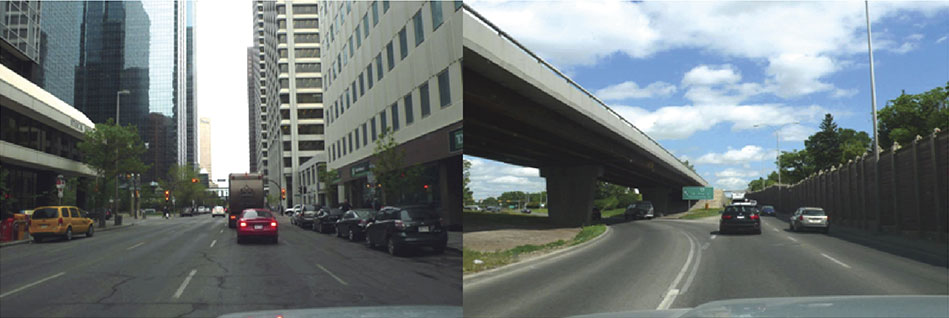 Driving environments encountered in testing. Clockwise from top left: deep urban, urban thruway, local roads, mountains.