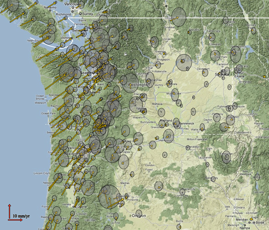 Arrow on a Velocity Field Map of Oregon and Washington represent ground motion as measured by GPS at each particular location. The grey circles are 2 sigma error ellipses (click to enlarge.)