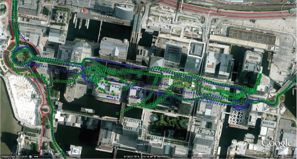  Figure 5. GPS versus GNSS, London Canary Wharf (click to enlarge.) Source: Philip Mattos, STMicroelectronics R&D Ltd.