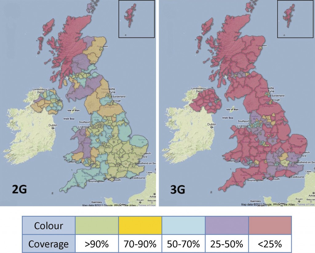 Figure 3 2G (left) and 3G (right) coverage by geographic area in the UK: green, >90 percent; yellow, 70–90 percent; blue, 50–70 percent; purple, 25–50 percent; red, <25 percent.