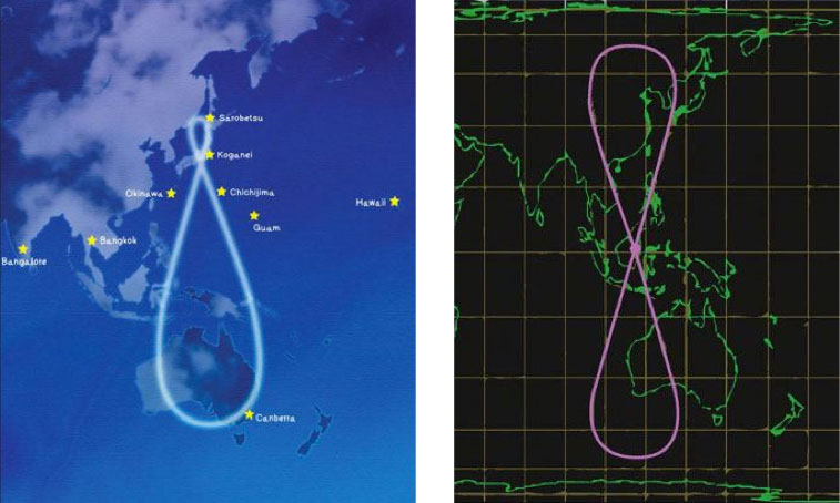 Figure 1. Left, the orbit path of three QZSS satellites will eventually keep at least one of them directly over Japan at all times. Right, the inclined geosynchronous orbit of the fifth Compass satellite, launched in July, has a similar ground track and mission goal.