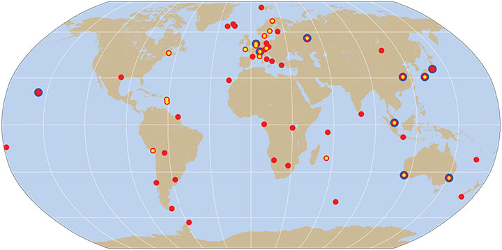Figure 2. Distribution of MGEX real-time stations supporting tracking of QZSS (blue), Galileo (red), and BeiDou (yellow) as of June 2013.