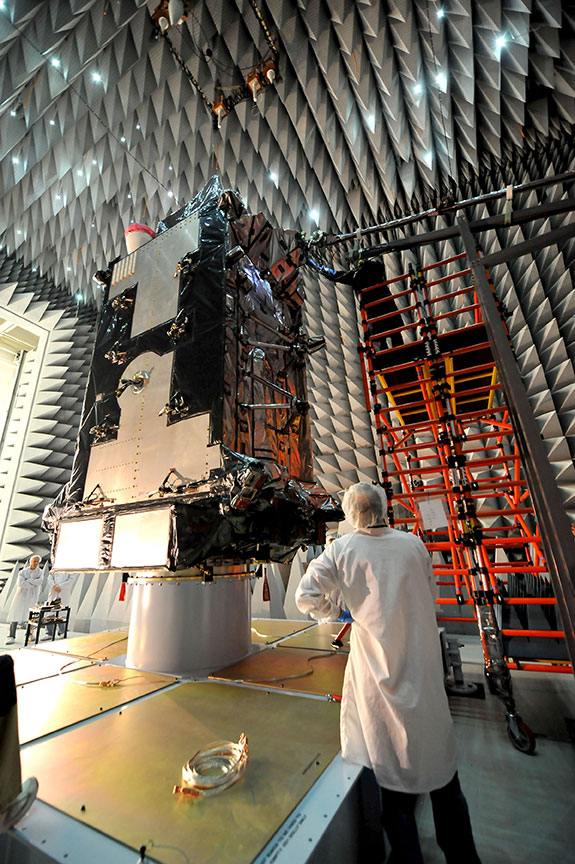 The GPS III prototype in an anechoic chamber where it completed Passive Intermodulation (PIM) and Electromagnetic Compatibility (EMC) testing at Lockheed Martin’s GPS III Processing Facility outside of Denver, Colorado. Photo:  Lockheed Martin’s Navigation Systems