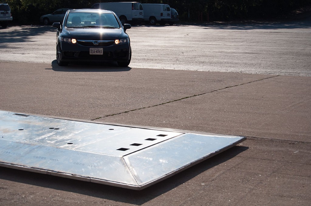 A robot target vehicle with the footprint of a car measure 4 inches high.