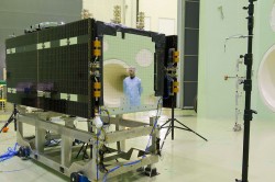Second Galileo Full Operational Capability (FOC) satellite being prepared for acoustic testing, simulating the noise of a rocket launch, inside the Large European Acoustic Facility, LEAF, of the ESTEC Test Centre in early September 2013. 
