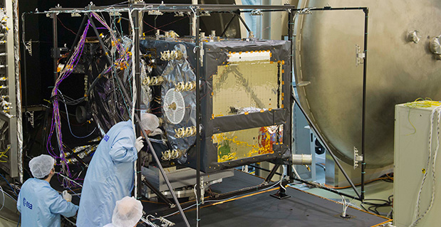 The first Galileo Full Operational Capability satellite emerges from the Phenix test chamber after five weeks of thermal–vacuum testing.