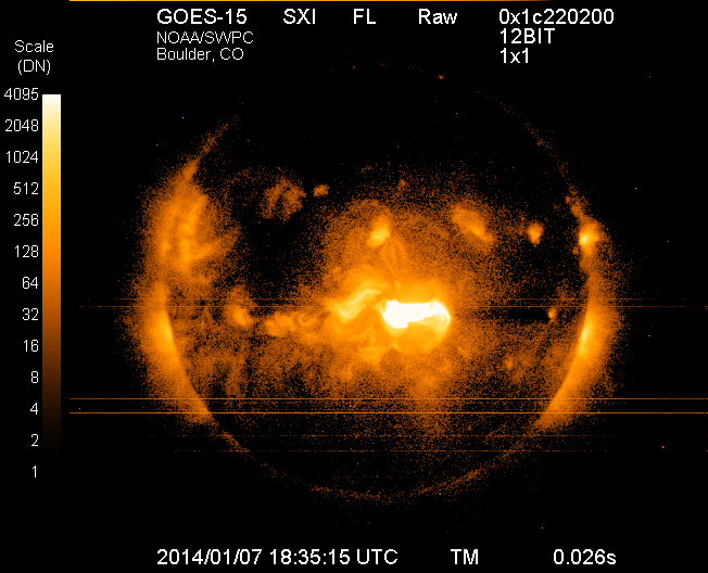 Image of the sun on Tuesday, Jan. 7, 2014, from the Solar X-Ray Imager on NOAA's GOES satellite, taken just after the maximum emission of a solar flare. The eruption came from the middle of the sun and is directed toward Earth. This is the largest solar flare so far this year.