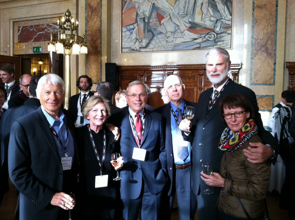 Parkinson was among attendees at an ENC event at City Hall hosted by the Mayor of Rotterdam, The Netherlands. From left are Hugo Fruehauf, Mrs. Bradford "Ginny" Parkinson, Professor Bradford Parkinson, Don Jewell — GPS World Defense Editor, Jac Spaans — Chairman of the Organizing Commitee of the ENC, and Adrianna Spaans.