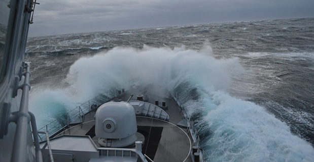 Belgian frigate Leopold I-F930 in rough water off Norway