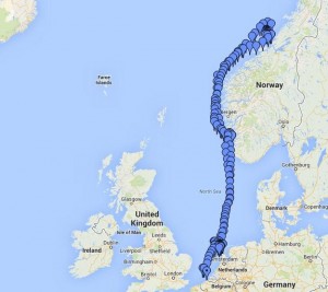 The recorded course of Belgian frigate Leopold I-F930  during the first high-latitude trials of Europe's Galileo satellite navigation system. The frigate sailed first from the Dutch marine base of Den Helder on 4 December 2013 to Stavanger in Norway. From there it progressed north in very rough seas with 10-m high waves, coming close to the Arctic circle on December 17 — a first for Galileo PRS observations — before heading homeward.