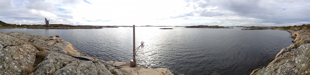 A panorama from the GNSS tide gauge at Onsala Space Observatory. When satellites pass over the sky, the GNSS tide gauge uses signals direct from the satellite and signals reflected off the sea surface to measure the sea level. Photo: Johan Löfgren