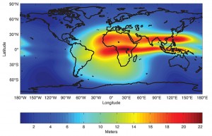 FIGURE 1. Global vTEC map obtained with the NeQuick electron density model for a sunspot number of 150 at 13h UT in the month of April (grid resolution 2.5 degrees × 2.5 degrees).