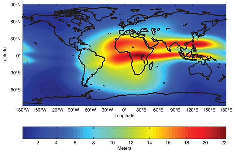 FIGURE 1. Global vTEC map obtained with the NeQuick electron density model for a sunspot number of 150 at 13h UT in the month of April (grid resolution 2.5 degrees × 2.5 degrees).