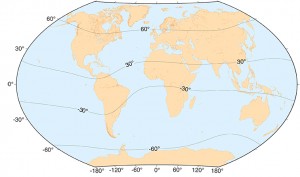 FIGURE 2. MODIP regions. Contours are modified dip latitudes.