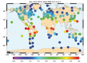 FIGURE 3a. Performance of the Galileo single-frequency ionospheric correction when using the E11 satellite broadcast, “bad day” RMS error in meters of L1.