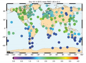 FIGURE 3b. Performance of the Galileo single-frequency ionospheric correction when using the E11 satellite broadcast, “good day” RMS error in meters of L1.