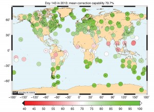 FIGURE 3c. Performance of the Galileo single-frequency ionospheric correction when using the E11 satellite broadcast, “good day” correction capability in percent.