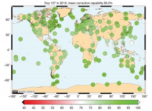 FIGURE 5. RMS correction capability (percent, with a lower bound of 20 TECU) of Galileo NeQuick G correction models for day 127, 2013.
