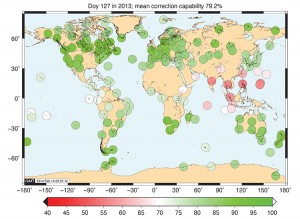FIGURE 5b. RMS correction capability (percent, with a lower bound of 20 TECU) of GPS ICA correction models for day 127, 2013.