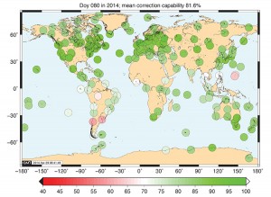FIGURE 5c. RMS correction capability (percent, with a lower bound of 20 TECU) of Galileo NeQuick G correction models for day 80, 2014.