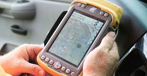 Topcon Tesla handheld controller combines the advantages of a PC tablet with the ruggedness of a fully equipped survey device.