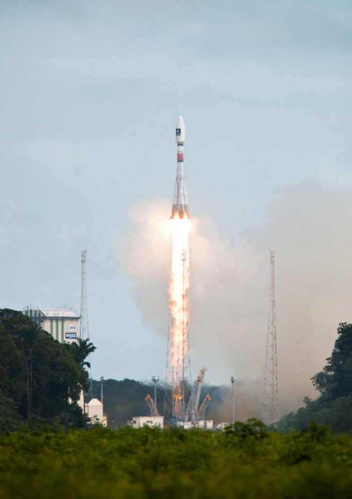 Soyuz Flight VS09, carrying Europe's fifth and sixth Galileo satellites, lifts off from Europe's Spaceport in Kourou, French Guiana.