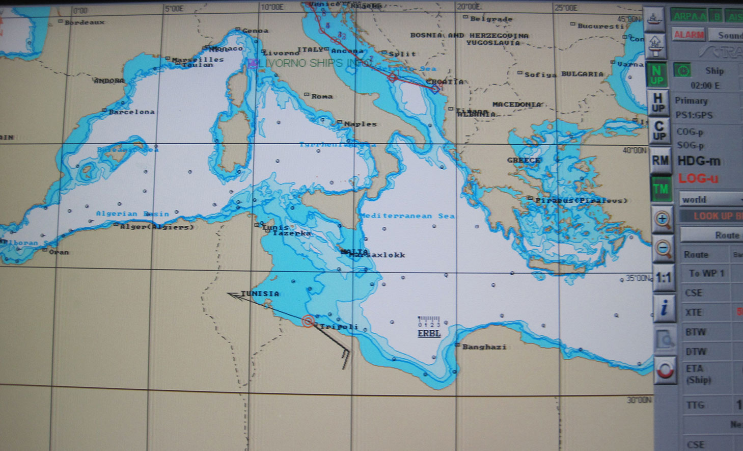 The White Rose's GPS-driven chart showing it off the coast of Libya (black line) when it was actually in the Adriatic, cruising from Montenegro to Venice (blue line). The spoofing detector knew all along that this was a false reading.