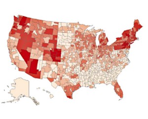 Figure 1. Rates, Ages 0–19 of All Childhood Cancers at HSA Level, 1995–2006, Female. From lightest to darkest: 10.0–14.5,14.6–15.5,15.6–16.5,16.6–17.5,17.6–22.2 per 100,00.