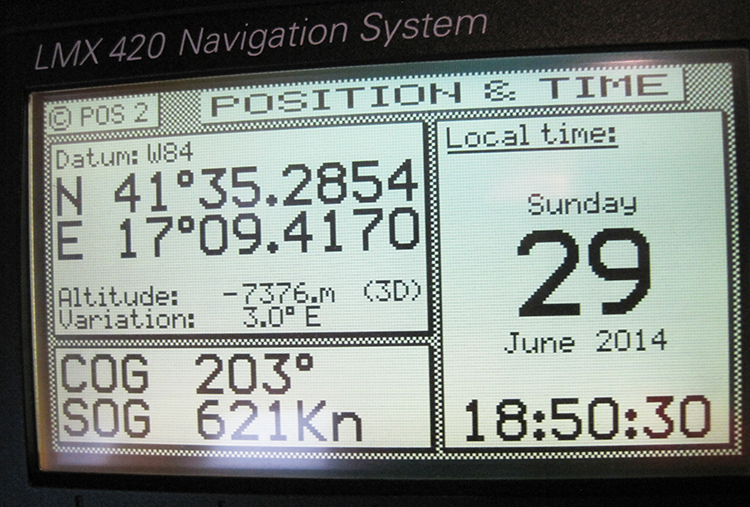 Figure 9a. The ship’s bridge GPS receiver display and its GPS-driven chart (Figure 9b) at two separate times during the Libya spoofing scenario.