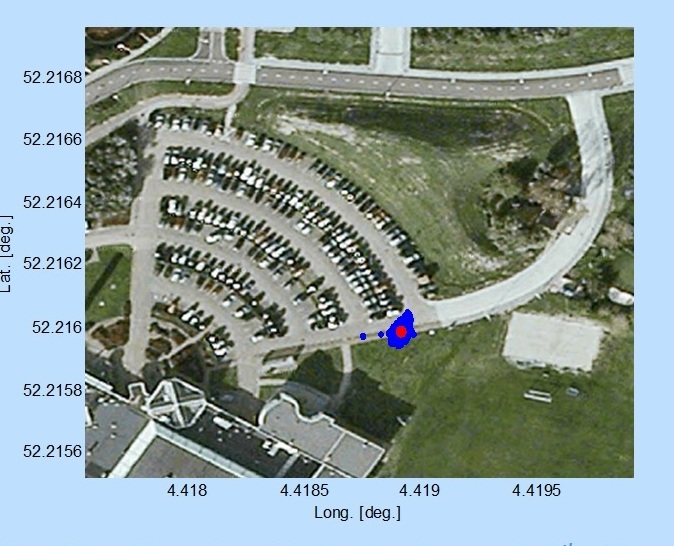 Test position fix in the grounds of ESTEC, performed with a mass-market receiver using navigation-assistance information, based on signals from the fifth Galileo satellite plus GPS satellites. This satellite's elliptical orbit means extra data are needed to speedily utilize its signals, which could be provided through ground networks. Navigation-assistance information is already employed by the mass market receivers found within smartphones.