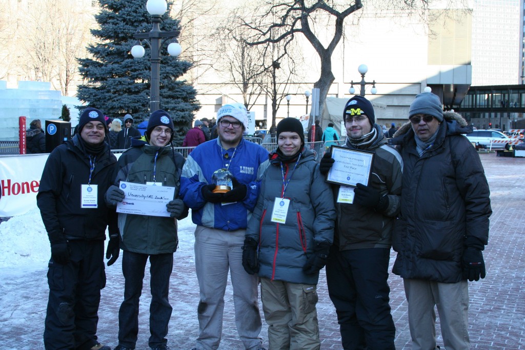 inning team from the University of Michigan, Dearborn’s “Zenith 2.0.” From left: Suneel Sheikh, Jason Spurlock, Benjamin Pollatz, Paraham Moassesi, Scott Zwally, Narasimhamurthi (Nattu) Natarajan (team advisor).