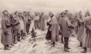 An artist's impression from The Illustrated London News of January 9, 1915: "British and German Soldiers Arm-in-Arm Exchanging Headgear: A Christmas Truce..."