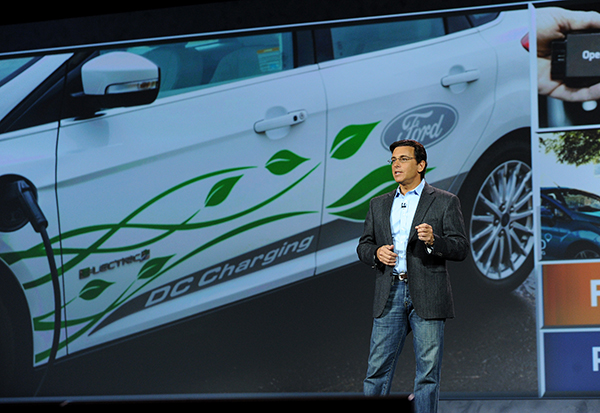 Mark Fields, President and CEO, Ford Motor Company, delivers the opening keynote address at the 2015 International CES. (Photo by: Sam VarnHagen/Ford)