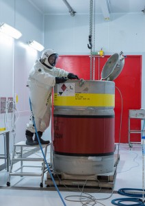 Fuel for the seventh and eighth Galileo satellites, checked by an engineer in a protective SCAPE (Self Contained Atmospheric Protective Ensemble). Fuelling of the two satellites took place at the end of the second week of March 2015, allowing the satellites to be fitted to their launch dispenser ahead of the March 27 launch. (Photo courtesy of ESA)