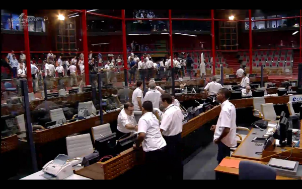 The Galileo launch team celebrates after a successful launch. (Screenshot of ESA/Arianespace live stream of lift-off.)