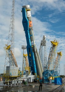 The first three stages of the seventh and eighth Galileo satellites’ Soyuz ST-B rocket being raised to the vertical on the launch pad at Europe’s Spaceport in French Guiana, awaiting the addition of the ‘upper composite’ containing the Galileo satellites plus the Fregat upper stage enclosed within the Soyuz fairing. Photo: European Space Agency