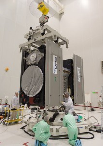 The seventh and eighth Galileo satellites being fitted together onto the dispenser, March 16-17. (Photo courtesy of ESA) 