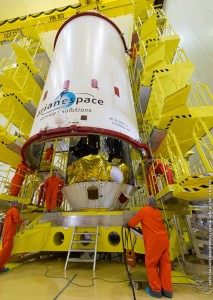 The seventh and eighth Galileo satellites attached to their dispenser atop the Fregat upper stage being enclosed within their Soyuz launcher fairing on March 20. Photo: European Space Agency