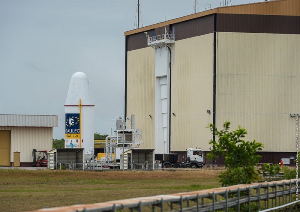 The upper composite, containing the seventh and eighth Galileo satellites attached to their dispenser atop the Fregat upper stage inside the launcher fairing, being moved from the S3B building to the Soyuz launch site of Europe’s Spaceport on March 24. Photo: European Space Agency