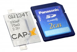 Cap-XX Thinline Supercapacitor shown with an SD card.