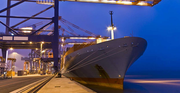 Container ship in port.