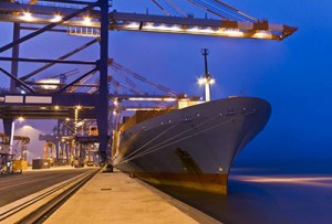 Container ship in port.