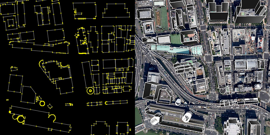 Figure 2. The construction of the 3D building map from a 2D map and DSM.