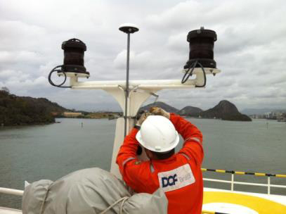 Setting up the receiver antenna for the offshore trial on board the Geograph vessel.