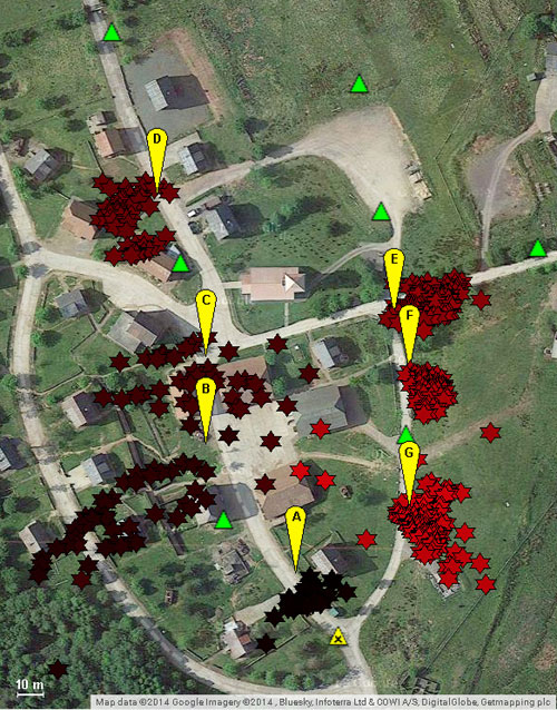 FIGURE 4. Urban area test; jammer locations in yellow, locations delivered by Signal Sentry in red, sensor locations in green.