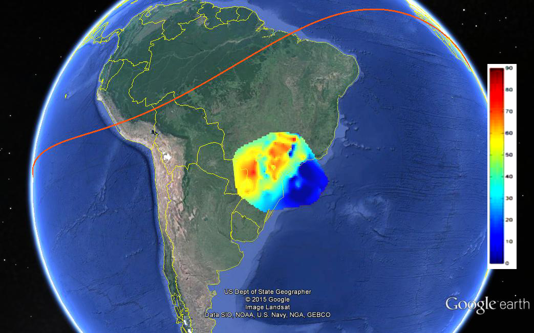 FIGURE 2. TEC map over São Paulo state as forecast by the CALIBRA model on Sept. 26, 2012, at 2:00 UT. The range of the TEC in the image is from 0 to 90 TEC units (blue to red). The red line is the geomagnetic equator.