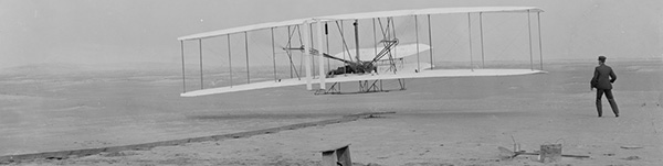 Take-off of the 1903 Wright Flyer, the world's first powered, sustained and controlled heavier-than-air flight on Dec. 17, 1903.
